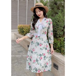 Đầm Nữ NHẬT VY Hoa Dáng Ôm Phối Nơ Cổ Chất Voan Công Sở, Đi Tiệc - D2251-4