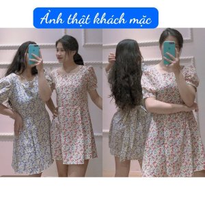 VÁY HOA NHÍ TAY BỒNG CỔ VUÔNG THẮT NƠ LƯNG HỒNG TÍM - VÁY HOA TÍM TIỂU THƯ-4