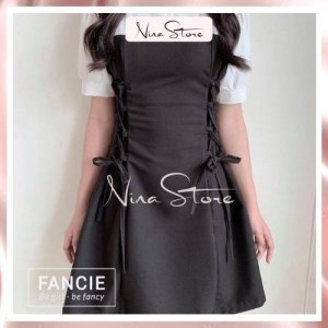 Váy Nữ Cổ Sơ Mi Tay Lỡ Đan Dây Eo Dáng Xòe Tiểu Thư Chất Đũi Lụa NinaStore-3