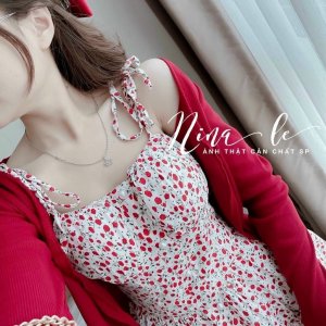 Set váy 2 món váy hoa 2 dây khóa lưng kèm áo khoác thun gân, Váy 2 dây hoa xếp ly ngực siêu xinh-6