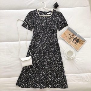 [Ảnh thật] Đầm - váy hoa nhí cổ ren kèm chun turban buộc tóc-8