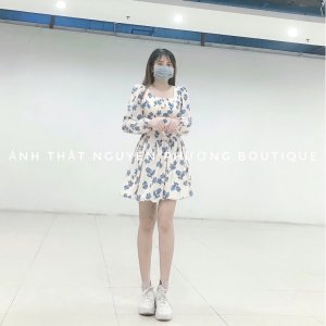 Đầm váy hoa xanh dài tay cổ vuông dúm viền ngực tôn dáng xòe bồng siêu xinh-7