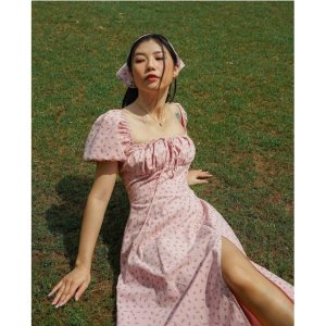 Váy hoa nhí dáng dài cổ vuông xẻ tà phong cách ulzzang vingate( Sẵn Hồng)-7