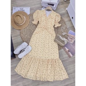 Váy Maxi Hoa Vàng Đuôi Cá Hàng Đẹp 2 Lớp Có Ảnh Thật Kèm Video-7