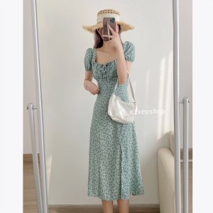 Váy hoa nhí vintage, đầm hoa cổ vuông xẻ tà phong cách Hàn Quốc xixeoshop - v84-4