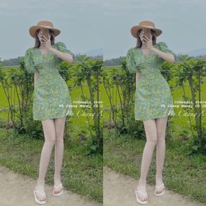 Váy hoa xanh cổ V tay bồng cúc bọc siêu xinh(kèm ảnh thật)-1