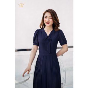 Đầm xòe dự tiệc cao cấp thiết kế cổ cột nơ chân váy dập ly - Xanh tím - TTV916 TTV Store-2