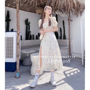 [Ảnh thật/Sẵn]Váy hoa nhúm ngực xẻ tà tay bồng/Đầm hoa Wedding dress-8