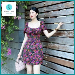 Váy hoa nhí MAISTYLE đầm body hoa nhí tay phồng cổ vuông trễ vai thiết kế đẹp dáng ngắn MY1113-8