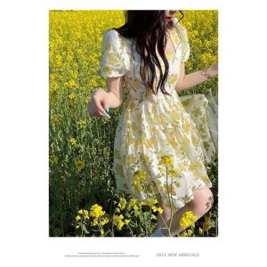 Váy hoa nhí babydoll hoạ tiết bông hoa vàng tay bồng ulzzang (video/sẵn)-3