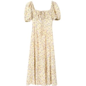 Váy hoa nhí dáng dài cổ vuông xẻ tà phong cách ulzzang vingate( Sẵn Hồng)-4