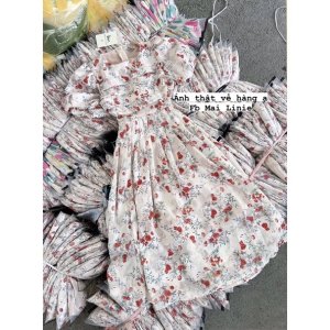 Váy Hoa Đỏ Xếp Ly Ngực Vintage-7