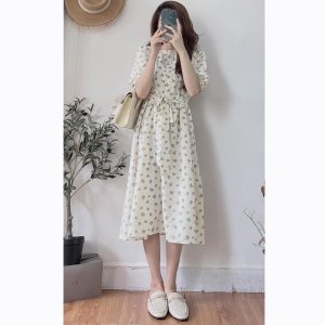 Đầm - Váy hoa nhí cổ tròn tay lỡ cúc ngực xinh xắn vintage-3