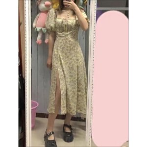 Váy hoa nhí dáng dài cổ vuông xẻ tà phong cách ulzzang vingate( Sẵn Hồng)-5