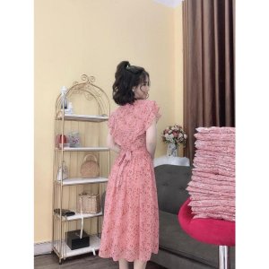 Váy hoa hồng cánh tiên dáng dài xòe đai eo-2