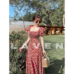 Váy đầm hoa vintage cổ vuông xẻ tà cực xinh V113-2