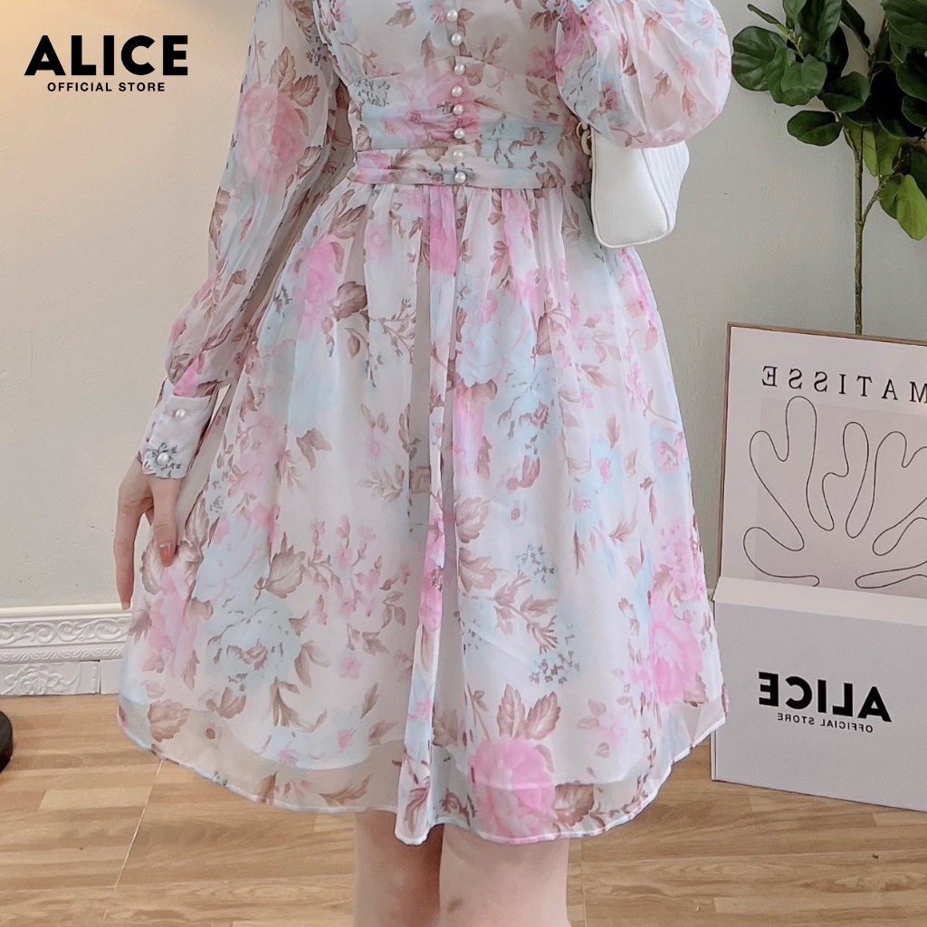 Váy Hoa Xòe Dài Tay ALICE Chất Vải Tơ Lót Lụa Mềm Mịn Thiết Kế Váy Chiết Eo Cố V Cúc Ngọc Duyên Dáng Thanh Lịch V779-7