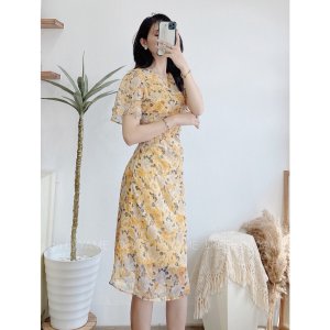 Váy đầm hoa nữ ngắn tay dáng dài hoa cam cổ tròn nhún eo YAME-6
