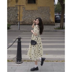 Váy Be Hoa Đen Phối Tay Chun PEONYB Nữ [FREESHIP] 🌸 Đầm đi biển dáng suông dài bánh bèo tiểu thư hàn quốc Ulzzang 🌸-2