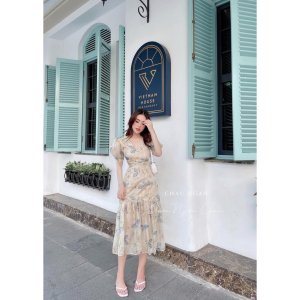 váy tơ hoa đuôi cá cúc bọc cổ v - váy thiết kế đuôi cá 2 lớp-6