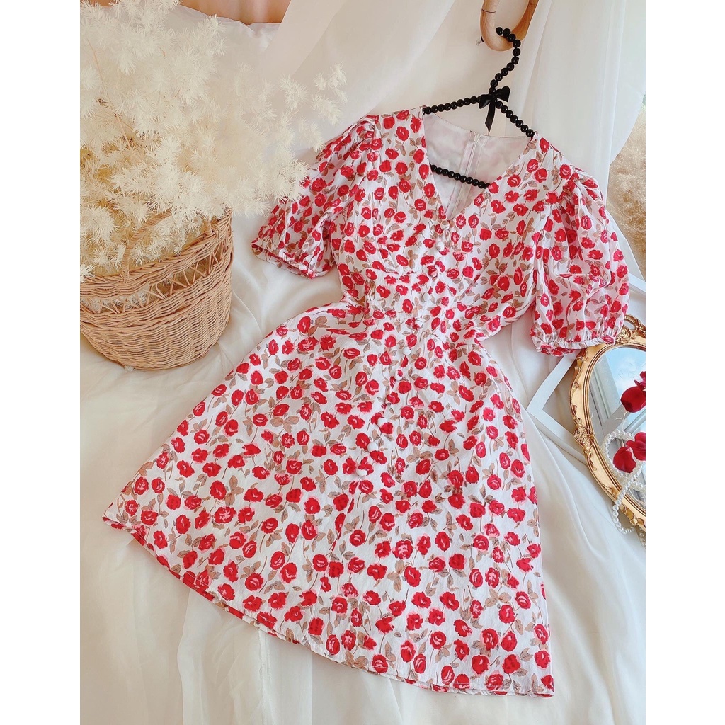 Váy hoa nhún eo chất thô mềm dễ thương HN10031-7