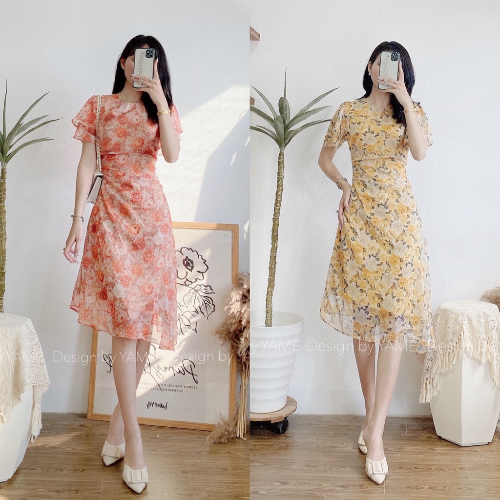 Váy đầm hoa nữ ngắn tay dáng dài hoa cam cổ tròn nhún eo YAME - Váy Fashion