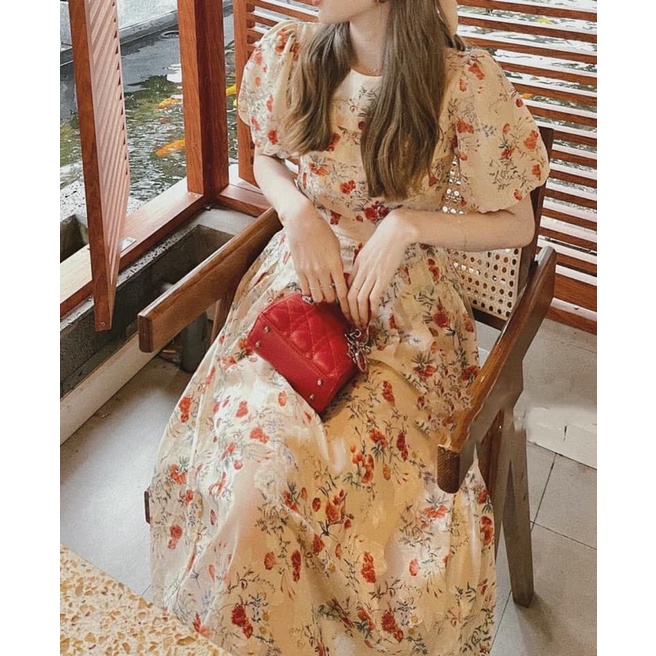 Váy hoa nhí xếp li ngực tay bồng tiểu thư diện đi chơi đi tiệc tone màu sáng da 2 lớp nhẹ nhàng xinh lắm-3