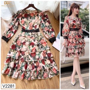 V2281 Váy voan hoa be hồng tay lỡ cổ tròn công sở - Dolce viva colection-3