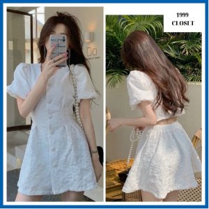 Váy gấm hở lưng hoạ tiết nổi tay bồng xinh xắn-1