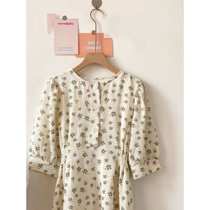 Đầm trắng hoa nhí cỏ 4 lá may mắn body cổ cúc dọc tay ngắn ulzzang , Váy nữ vintage thiết kế dự tiệc-6