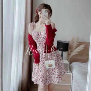 Set váy 2 món váy hoa 2 dây khóa lưng kèm áo khoác thun gân, Váy 2 dây hoa xếp ly ngực siêu xinh-7