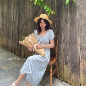 Váy hoa nhí vintage, đầm hoa cổ vuông xẻ tà phong cách Hàn Quốc xixeoshop - v84-8