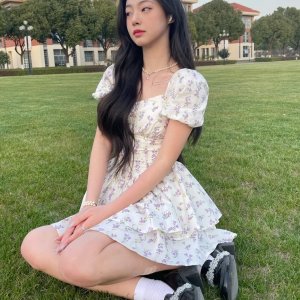 Thời trang in thời cổ vuông váy tay ngắn, váy công chúa ngắn mùa hè-9