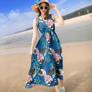 ☞Phong cách dân tộc dài Ngọt ngào đi nghỉ bên bờ biển Váy sling Dress ~ Cotton Cổ tròn Thả eo A-Line Váy hoa-3