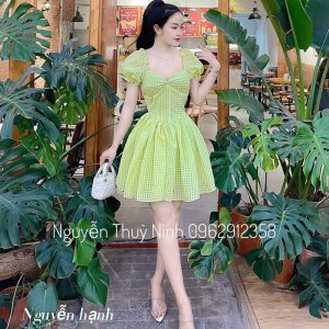 Váy xoè tay bồng hoạ tiết kẻ ô dáng công chúa dự tiệc cực xinh-2