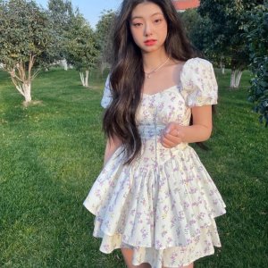 Thời trang in thời cổ vuông váy tay ngắn, váy công chúa ngắn mùa hè-3