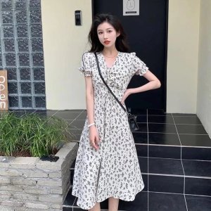 Đầm Dài Tay Phồng Cổ Chữ V In Họa Tiết Hoa Tươi Mới Phong Cách Hàn Quốc Dành Cho Nữ 2022 váy dài váy thời trang nữ-5