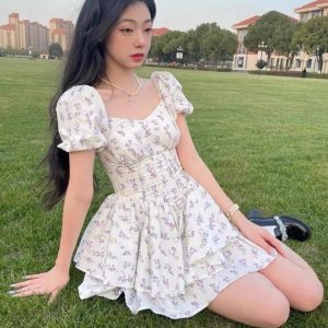 Thời trang in thời cổ vuông váy tay ngắn, váy công chúa ngắn mùa hè-6