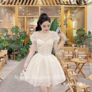 Váy xoè tay bồng hoạ tiết kẻ ô dáng công chúa dự tiệc cực xinh-4