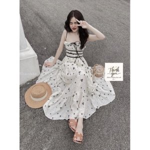 VÁY HOA NHÍ ĐEN 2S NỀN KEM KÈM NƠ ĐEN-3