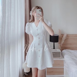 Váy trắng hở lưng chất gấm xốp in hoa nổi đầm dự tiệc-6