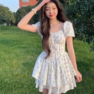 Thời trang in thời cổ vuông váy tay ngắn, váy công chúa ngắn mùa hè-2