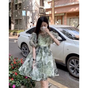 Váy hoa xanh thiết kế 2 lớp vải voan mềm-1