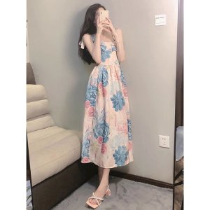 A909- VÁY NỮ HOA XANH 2 DÂY BUỘC VAI-4