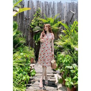 Váy đầm hoa hồng cổ vest hai màu xanh, hồng chất vải hoa xốp cao cấp 2 lớp đi chơi đi du lịch YAME-7