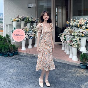 Đầm hoa nhí vintage xẻ tà cho nữ bánh bèo, váy tiểu thư bẹt vai rút dây phong cách ulzzang đi tiệc đi chơi siêu xinh-8
