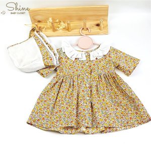 Set váy hoa cho bé gái Shine Baby Closet kèm nón bonet kiểu dáng vintage đáng yêu với họa tiết hoa nhí màu vàng-7