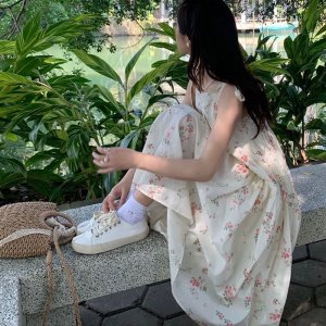 Váy dây 🌸 Đầm maxi dáng dài hoa nhí màu đỏ hồng in hình dáng xoè phong cách Hàn Quốc Ulzzang PHULA-7