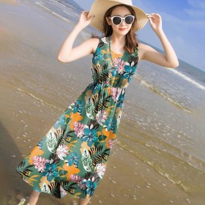 ☞Phong cách dân tộc dài Ngọt ngào đi nghỉ bên bờ biển Váy sling Dress ~ Cotton Cổ tròn Thả eo A-Line Váy hoa-4