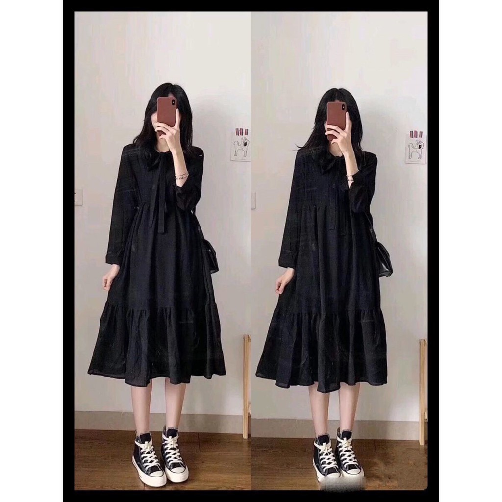 Đầm Babydoll Nữ Nơ Ngực 🦋 Váy Nữ Tay Bồng Dáng Suông 2 Màu 🦋-2